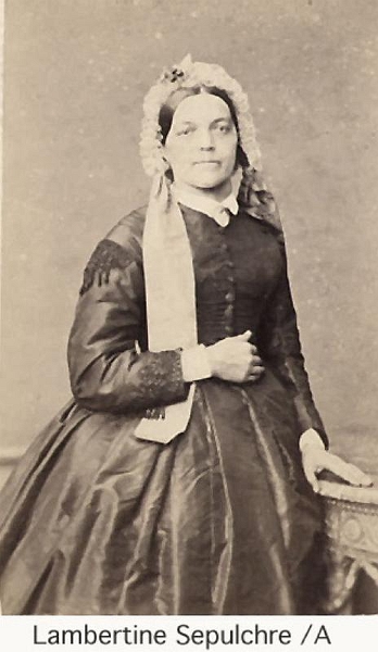 LambertineSepulchre.jpg - Marie, "Lambertine" Sepulchre, épouse de Constant Morsa, fille de Jean-François Sepulchre et Marie-Albertine Paquet. Sans descendance. Photo vers 1860. Je ne possède pas de photo de Constant Morsa. Il est décédé en 1870.